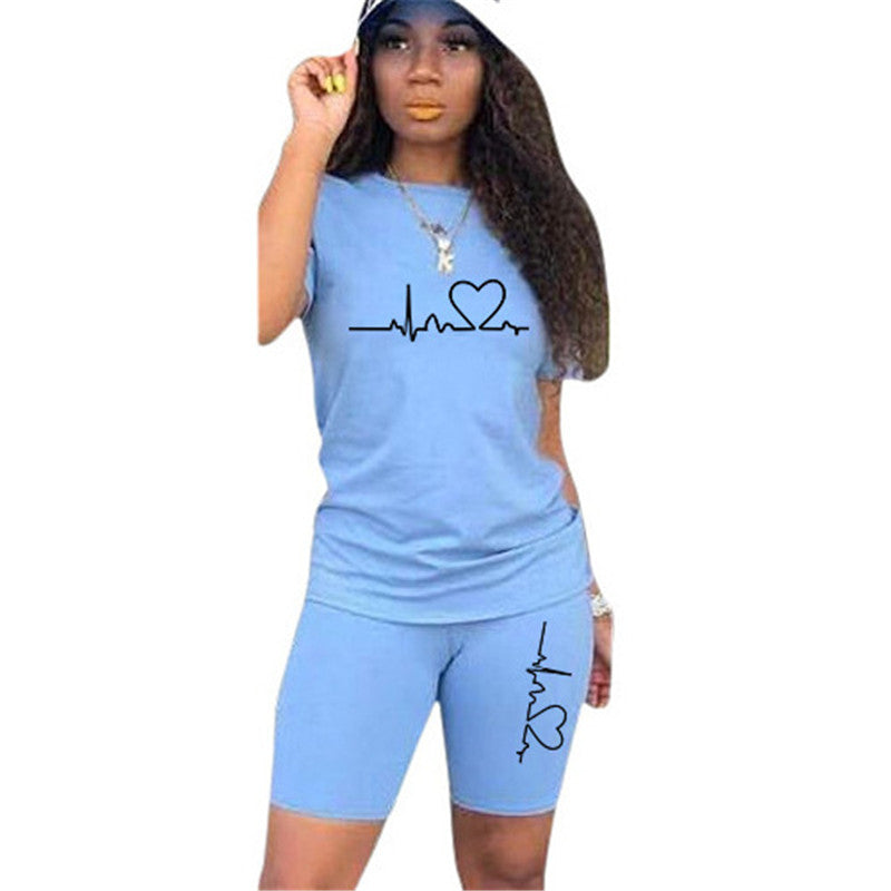 Solid Color T-Shirt and Shorts Set with Print - Rooftopboutique