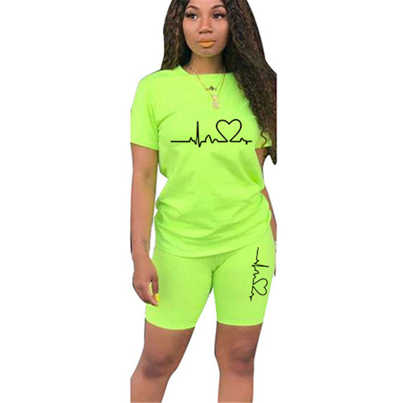 Solid Color T-Shirt and Shorts Set with Print - Rooftopboutique