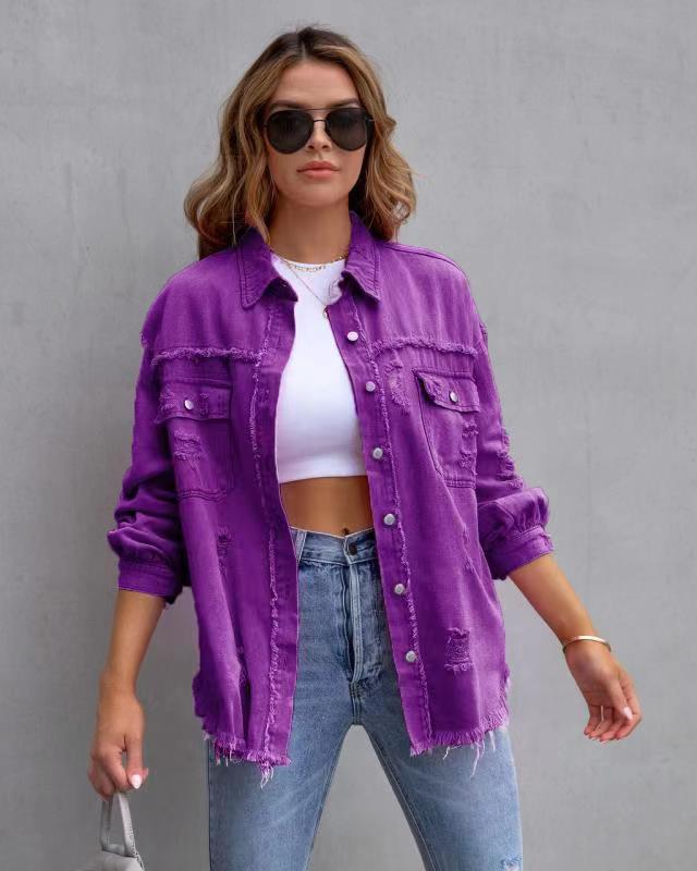 Women's Fashion Ripped Shirt Jacket for Casual Spring and Autumn Wear - Rooftopboutique