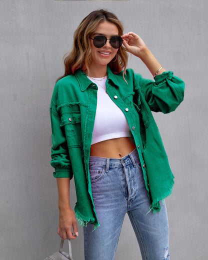 Women's Fashion Ripped Shirt Jacket for Casual Spring and Autumn Wear - Rooftopboutique